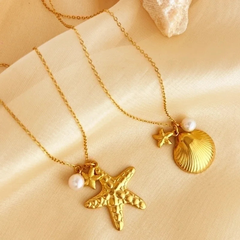 Elegant Beach Starfish Shell 304 Stainless Steel 18K Gold Plated Plating Pendant Necklace