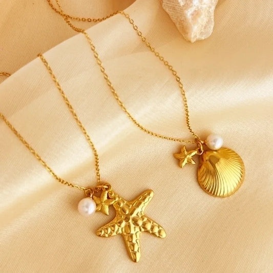 Elegant Beach Starfish Shell 304 Stainless Steel 18K Gold Plated Plating Pendant Necklace