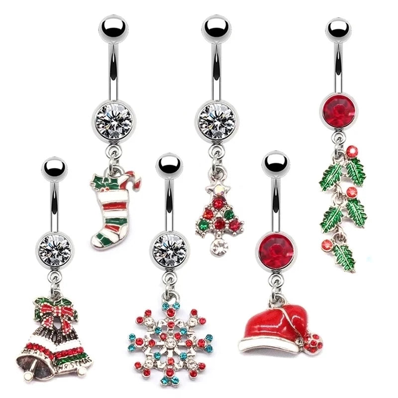 1 Piece Belly Rings Minimalist Christmas Tree Snowflake Stainless Steel Copper Plating Inlay Rhinestones