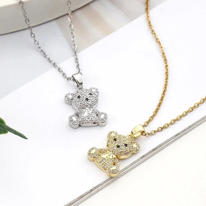 304 Stainless Steel Copper Inlay Little Bear Bear Zircon Pendant Necklace
