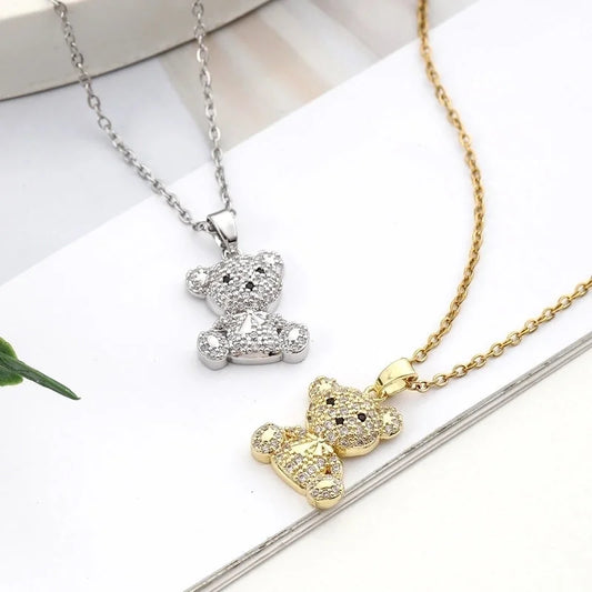 304 Stainless Steel Copper Inlay Little Bear Bear Zircon Pendant Necklace
