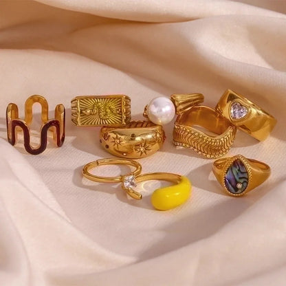 Minimalist Solid Color 304 Stainless Steel Pearl Zircon 18K Gold Plated Plating Inlay Rings