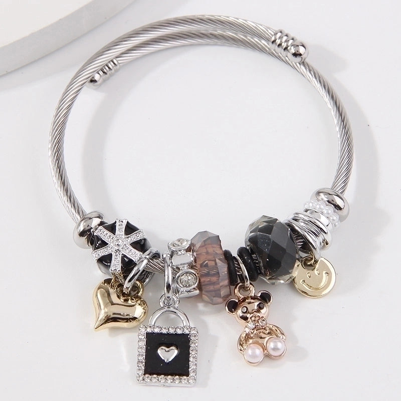 2 Pieces Minimalist Bear Heart Shape Stainless Steel Alloy Bangle