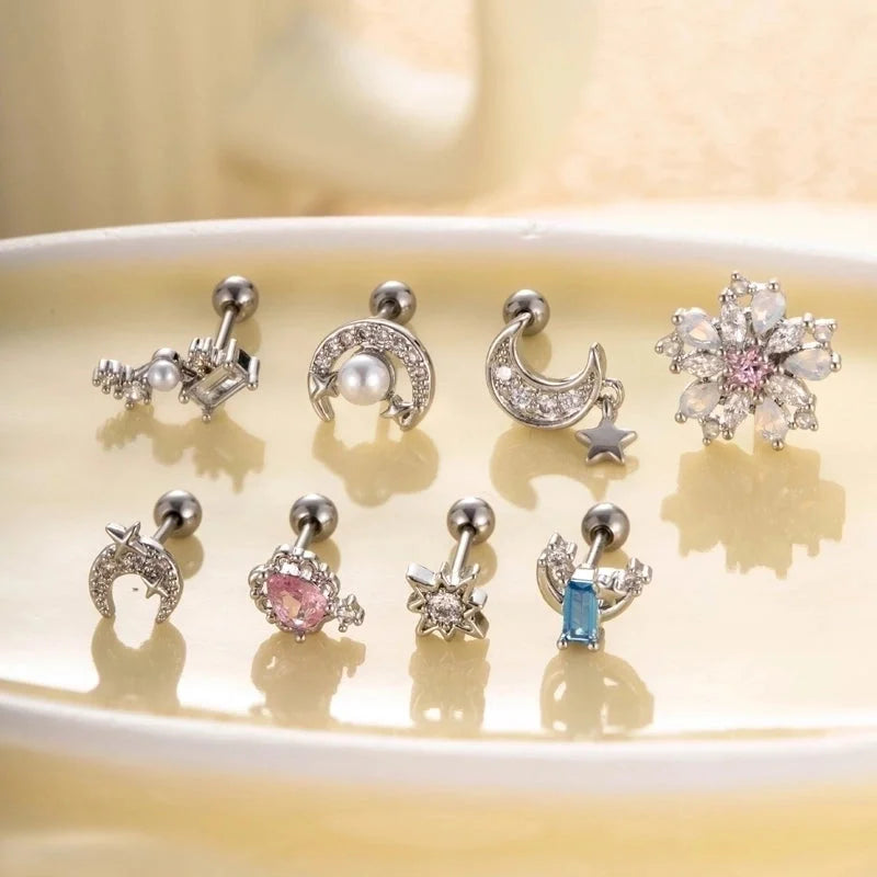 Henson New Copper Inlaid Zircon Star Moon Flower Screw Thin Rod Titanium Steel Ear Bone Stud Cartilage Piercing Earrings