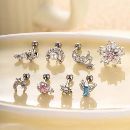 Henson New Copper Inlaid Zircon Star Moon Flower Screw Thin Rod Titanium Steel Ear Bone Stud Cartilage Piercing Earrings