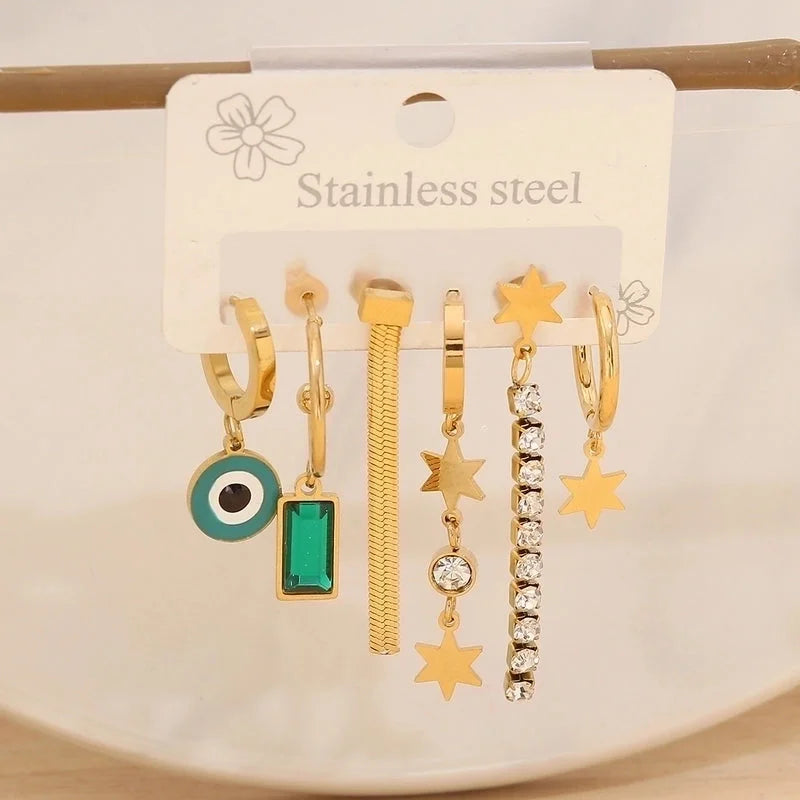 1 Set Elegant Minimalist Star Heart Shape Bow Knot 304 Stainless Steel Titanium Steel Glass Zircon 18K Gold Plated Drop Earrings