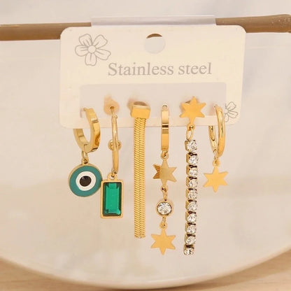 1 Set Elegant Minimalist Star Heart Shape Bow Knot 304 Stainless Steel Titanium Steel Glass Zircon 18K Gold Plated Drop Earrings