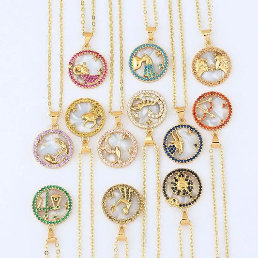 Women Geometric Metal Shell Zodiac Sign Copper Necklaces