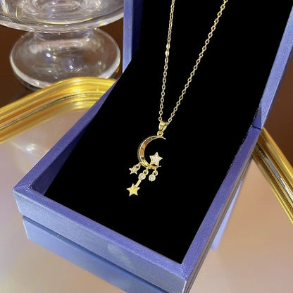 Elegant Classic Style Geometric Moon Bow Knot Titanium Steel Zircon Pendant Necklace