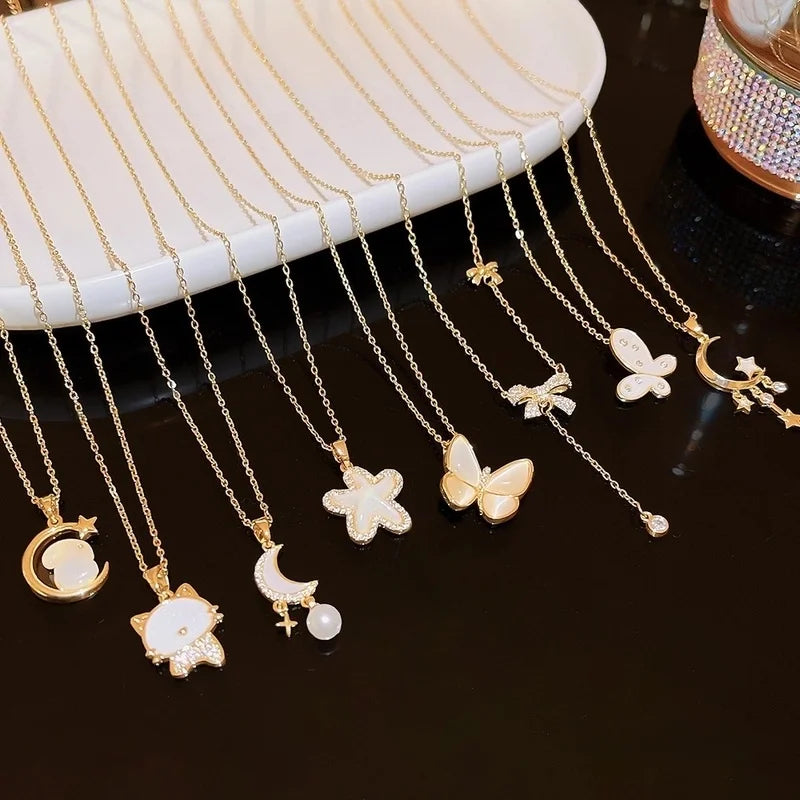 Elegant Classic Style Geometric Moon Bow Knot Titanium Steel Zircon Pendant Necklace