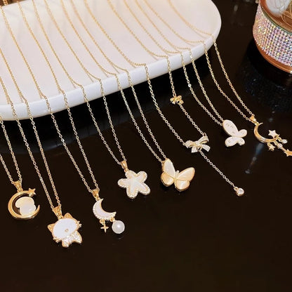 Elegant Classic Style Geometric Moon Bow Knot Titanium Steel Zircon Pendant Necklace