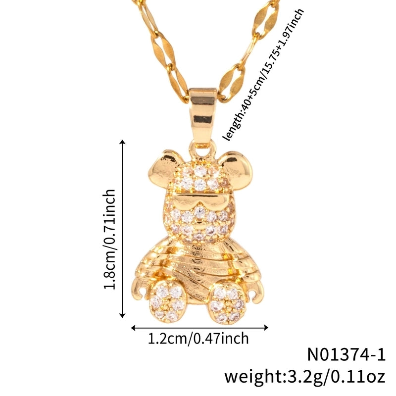 304 Stainless Steel Copper K Gold Plated Cute Sweet Korean Style Three-dimensional Inlay Little Bear Zircon Pendant Necklace