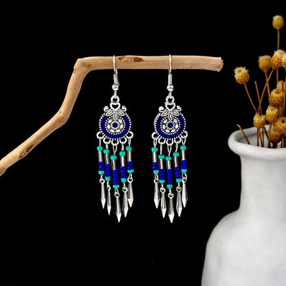 Bohemian Blue Turquoise National Style Earrings Imitation Miao Silver Metal Earrings Vintage Tassel Earrings