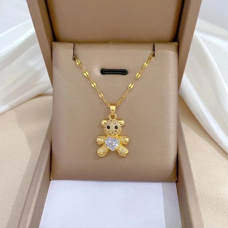Classic Style Bear Heart Shape Titanium Steel Copper Plating Inlay Zircon Earrings Necklace