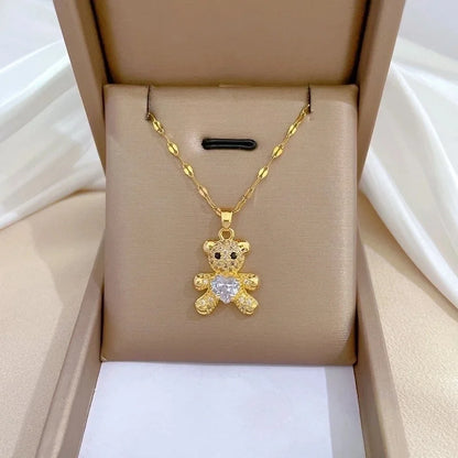 Classic Style Bear Heart Shape Titanium Steel Copper Plating Inlay Zircon Earrings Necklace