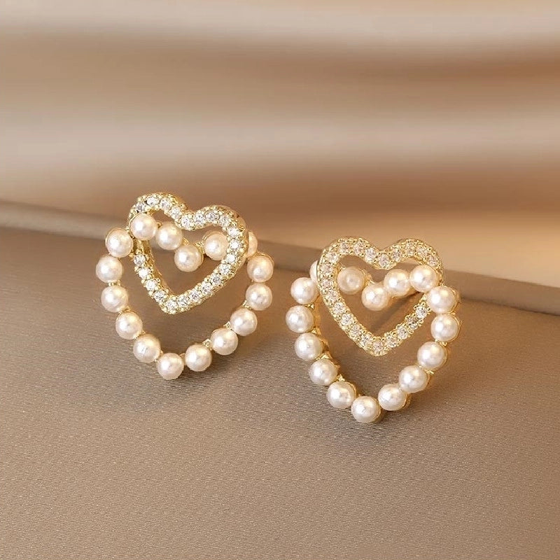10 Pieces Minimalist Heart Shape Flower Bow Knot Imitation Pearl Alloy Rhinestone Irregular Women\'S Earrings 1 Pair