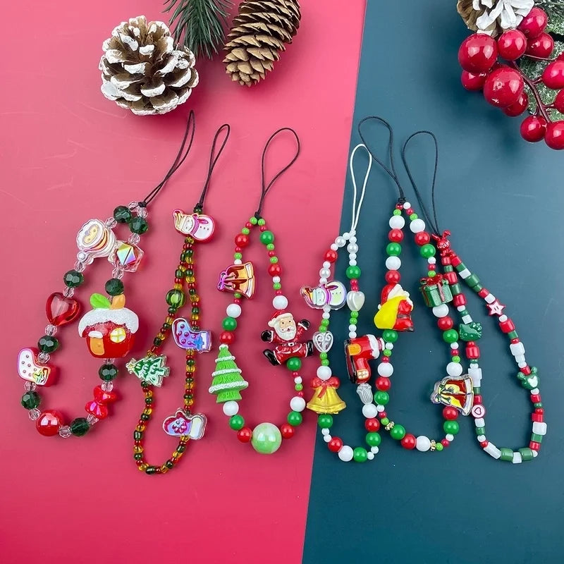 Elegant Minimalist Christmas Tree Santa Claus Snowman Resin Glass Beaded Christmas Mobile Phone Chain
