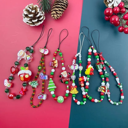 Elegant Minimalist Christmas Tree Santa Claus Snowman Resin Glass Beaded Christmas Mobile Phone Chain