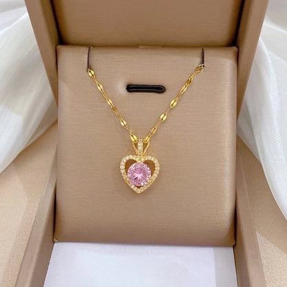 2 Pieces Minimalist Classic Style Geometric Heart Shape Titanium Steel Copper Zircon Pendant Necklace In Bulk