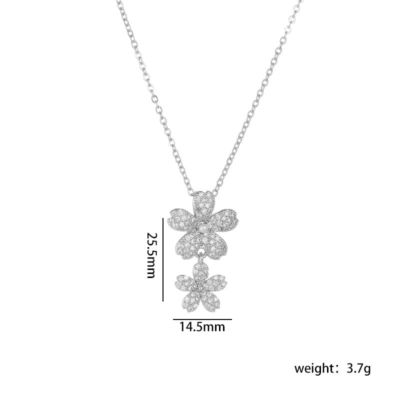 Titanium Steel Copper IG Style Shiny Plating Hollow Out Inlay Flower Pearl Zircon Pendant Necklace