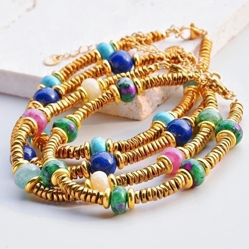 Classic Style Round 304 Stainless Steel Natural Stone Gold Plated Bracelets In Bulk
