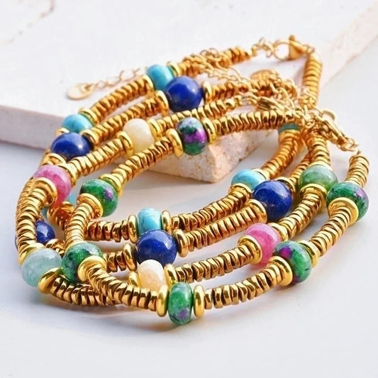 Classic Style Round 304 Stainless Steel Natural Stone Gold Plated Bracelets In Bulk