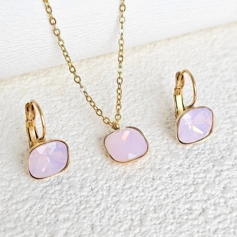 304 Stainless Steel Gold Plated Minimalist Shiny Inlay Square Zircon Jewelry Set