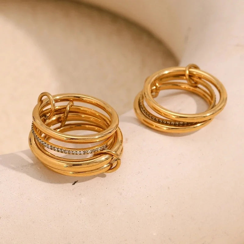 IG Style Circle 304 Stainless Steel Rhinestones 18K Gold Plated Layered Plating Inlay Rings