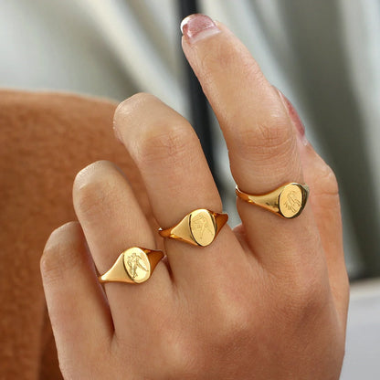 Minimalist Women Circle Zodiac Sign Stainless Steel 18K Gold Plated Rings