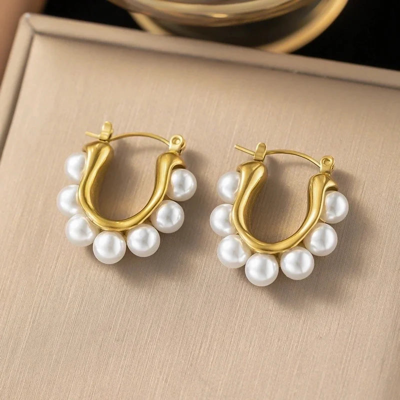 1 Pair Casual Minimalist Geometric Inlay Titanium Steel Pearl Zircon Ear Cuffs Earrings Ear Studs