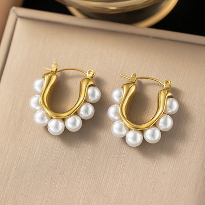 1 Pair Casual Minimalist Geometric Inlay Titanium Steel Pearl Zircon Ear Cuffs Earrings Ear Studs