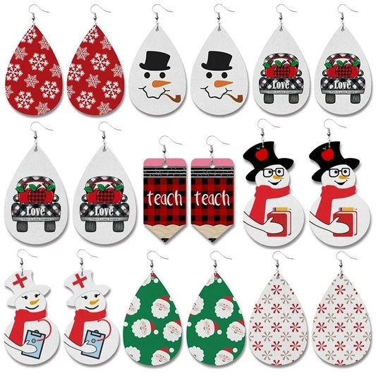 1 Pair Fashion Snowman Snowflake Elk Pu Leather Iron Drop Earrings
