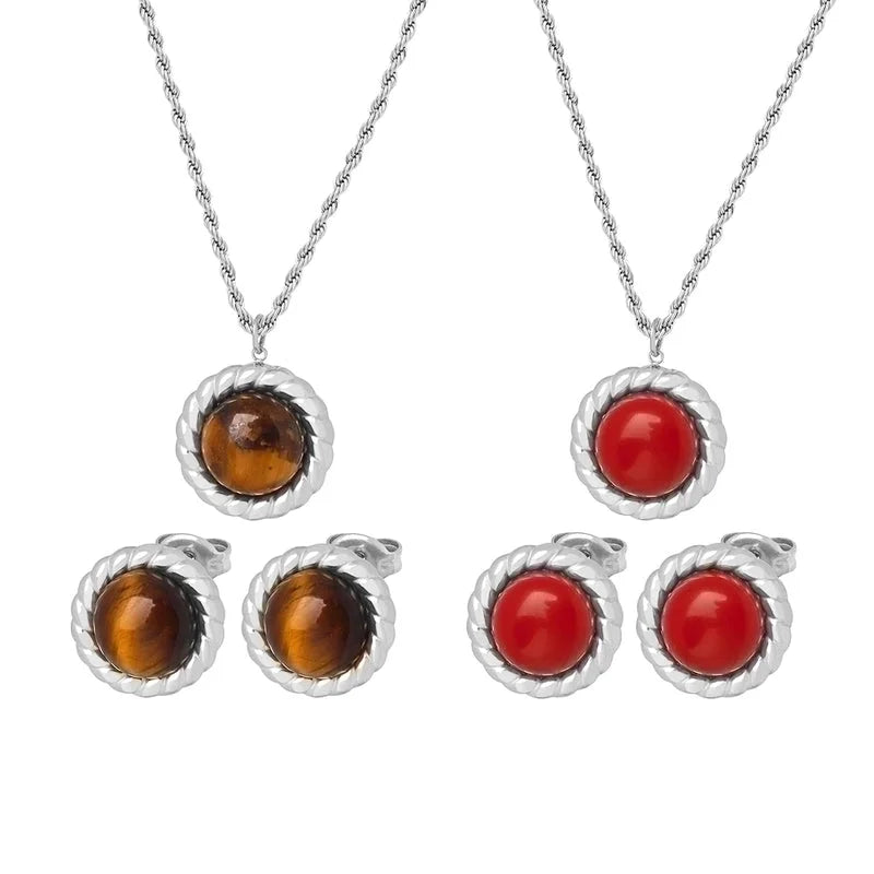 Retro French Style Solid Color Titanium Steel Natural Stone Turquoise 18K Gold Plated Plating Inlay Earrings Necklace Jewelry Set