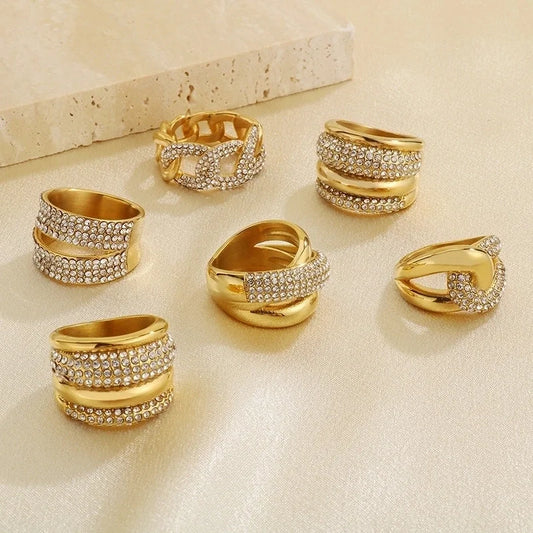 Vintage Style Solid Color 304 Stainless Steel 18K Gold Plated Plating Inlay Rings