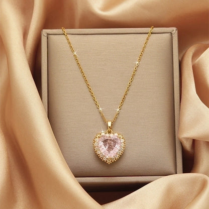 2 Pieces Vintage Style Heart Shape Flower Bow Knot Titanium Steel Copper Tassel Plating Inlay Zircon Pendant Necklace