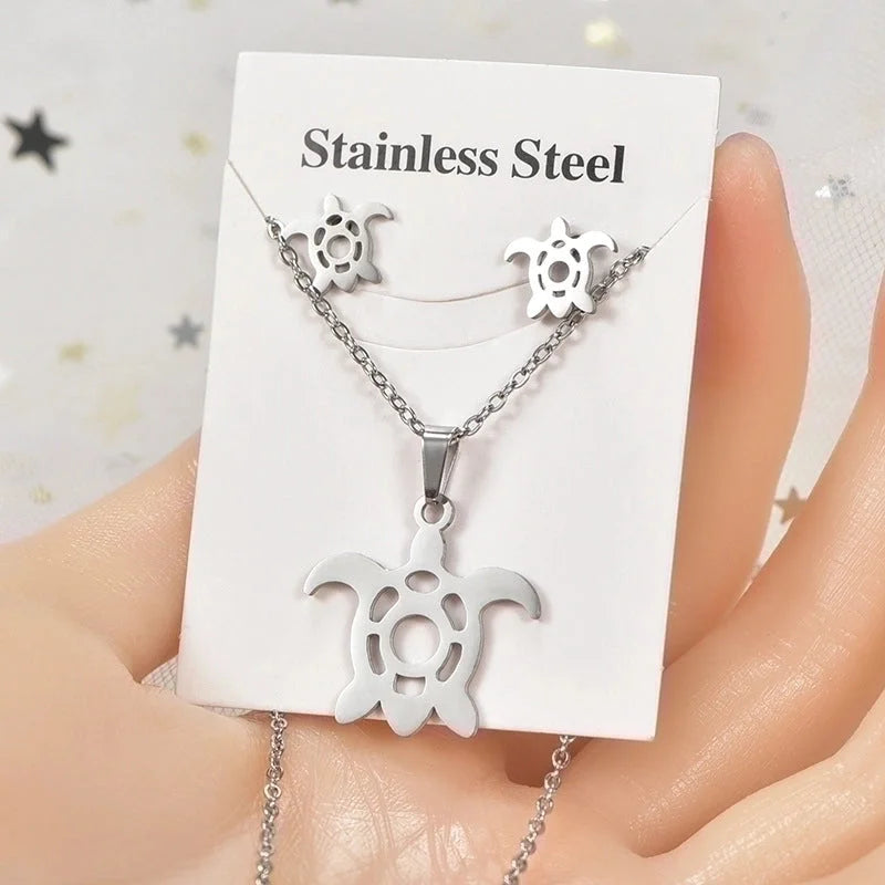 Minimalist Tortoise Star Heart Shape Stainless Steel Hollow Out Earrings Necklace 1 Set