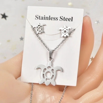 Minimalist Tortoise Star Heart Shape Stainless Steel Hollow Out Earrings Necklace 1 Set