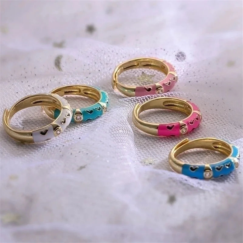 2 Pieces Elegant Colorful Heart Shape Copper Enamel Plating Inlay Zircon 18k Gold Plated Open Rings