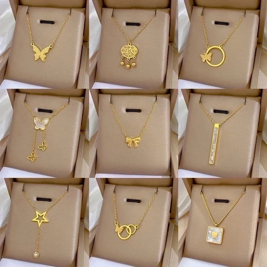 Minimalist Circle Letter Butterfly Titanium Steel Plating Inlay Rhinestones Necklace