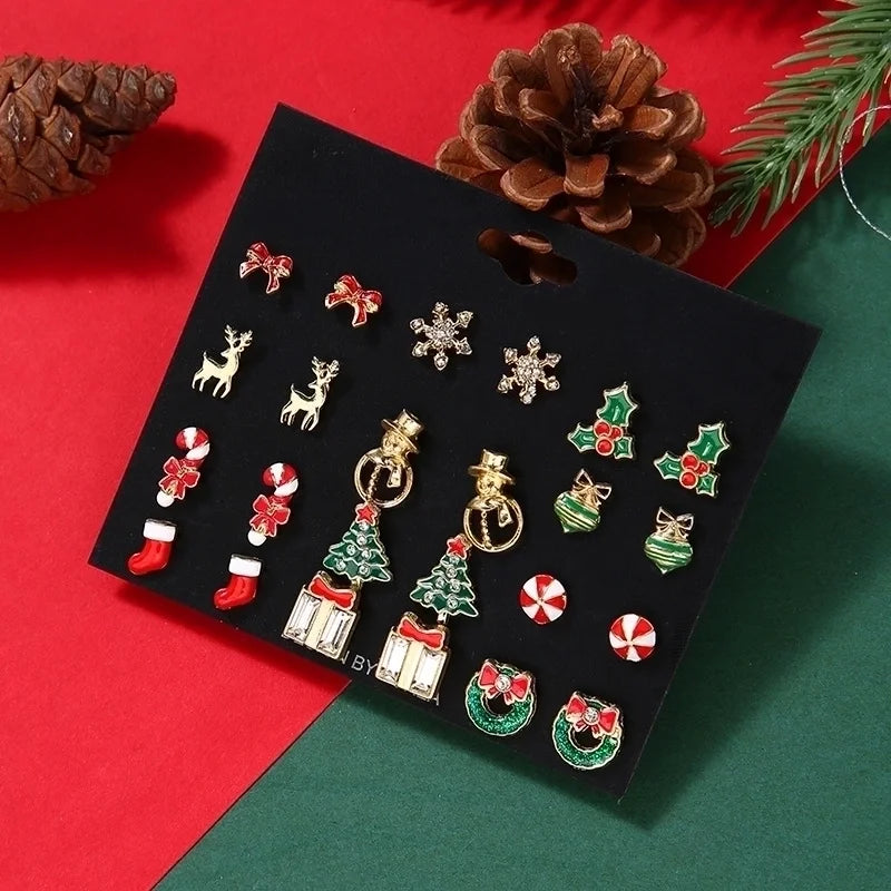 Cute Christmas Tree Christmas Socks Snowflake Alloy Enamel Plating Inlay Rhinestones Ear Studs 1 Set