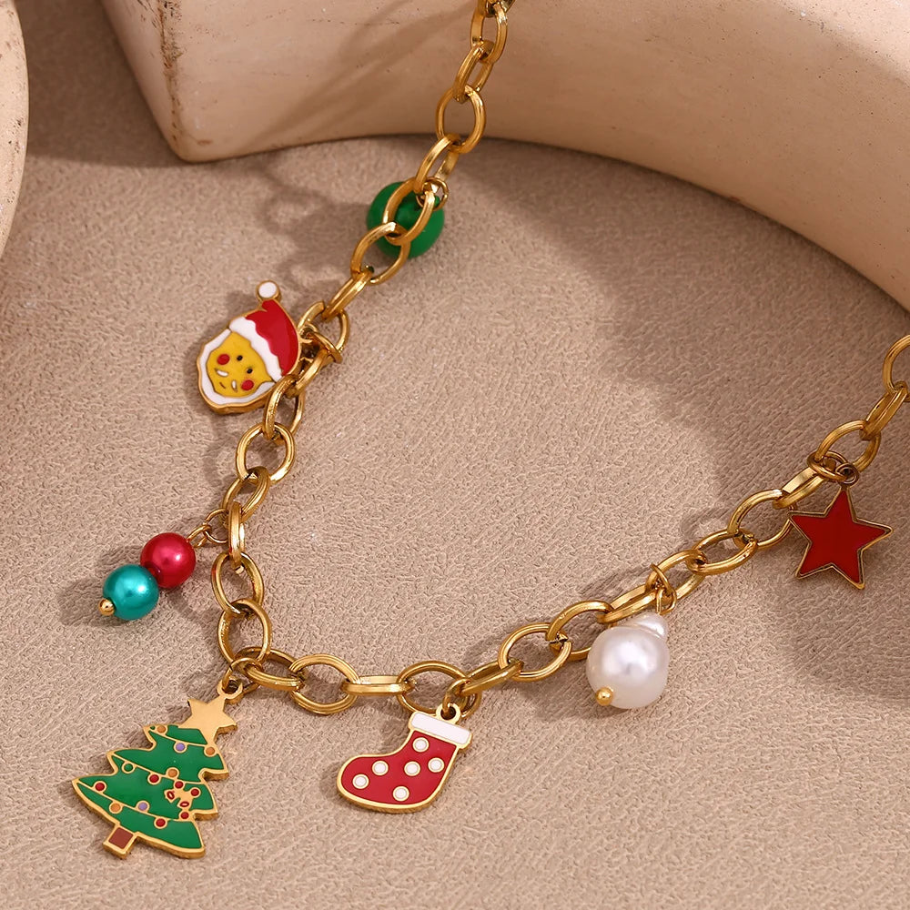 Cute Cartoon Christmas Tree Socks Old Man Pendant Stainless Steel 18k Gold Plated Handmade Chain Christmas Necklace For Women