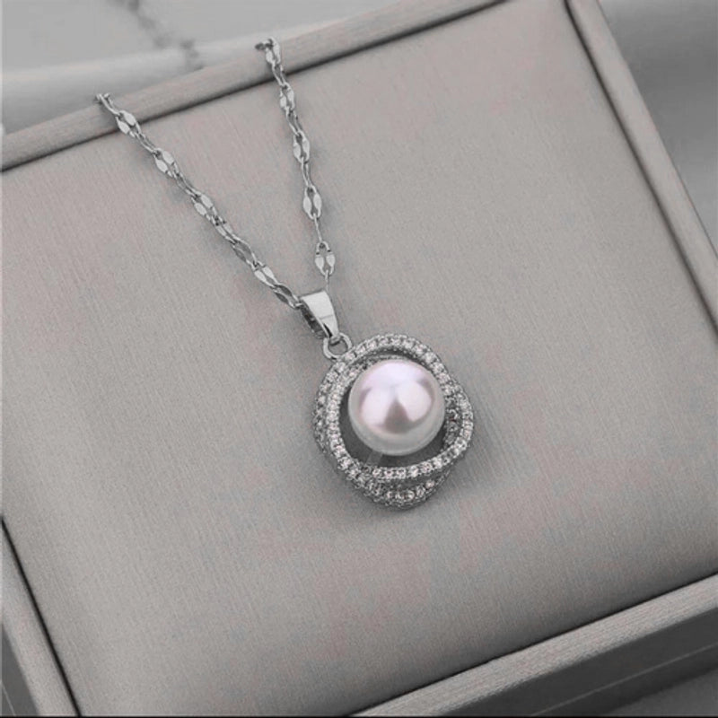 Elegant Round Titanium Steel Artificial Pearls Zircon Rings Necklace