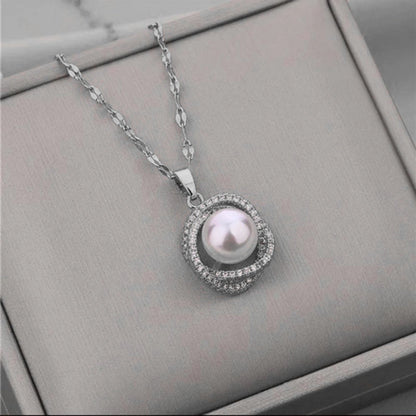 Elegant Round Titanium Steel Artificial Pearls Zircon Rings Necklace
