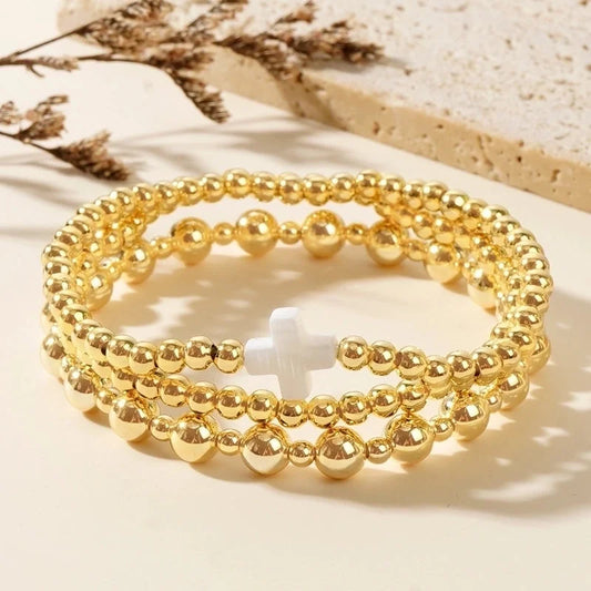 Hot Selling Simple Shell Cross Fashionable Golden Copper Bead Beaded Girls' Bracelet 2-Piece Set Factory