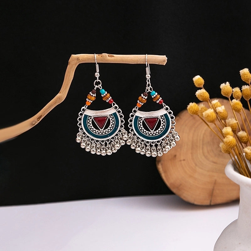 Bohemian Blue Turquoise National Style Earrings Imitation Miao Silver Metal Earrings Vintage Tassel Earrings