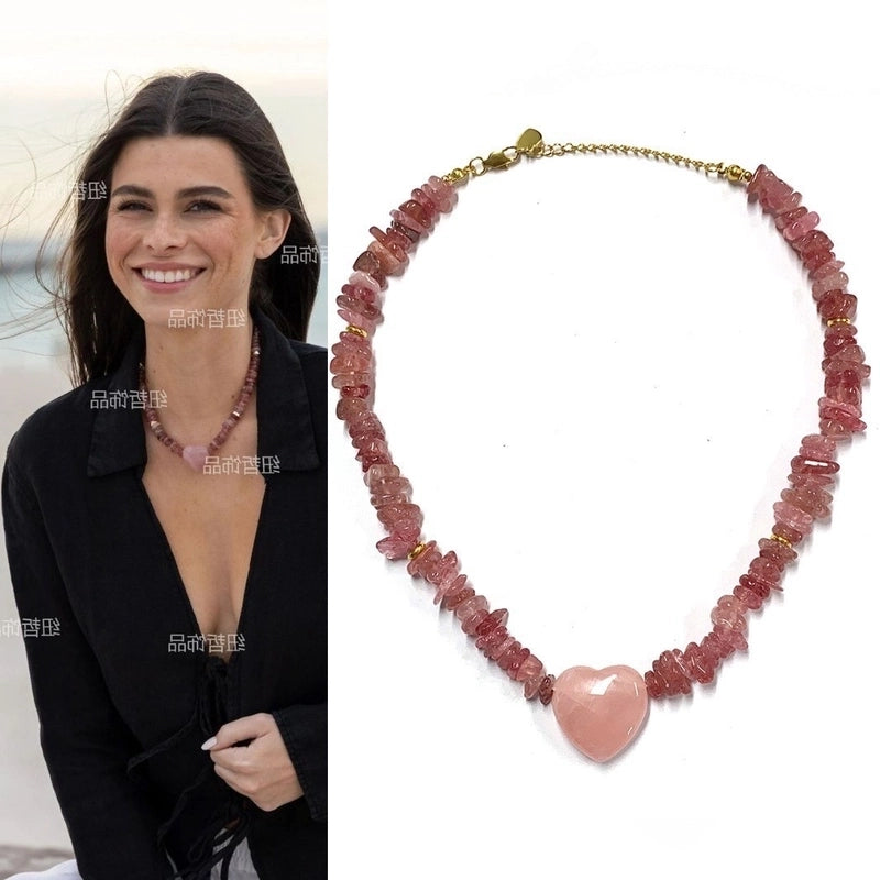 2 Pieces Minimalist Heart Shape Natural Stone Titanium Steel Pendant Necklace In Bulk