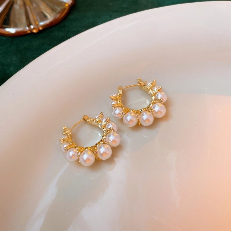 Retro Geometric Copper Inlay Artificial Pearls Zircon Ear Studs 1 Pair