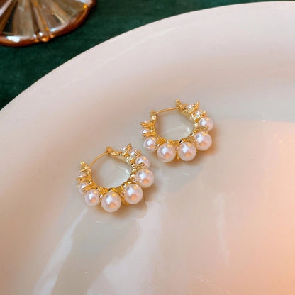 Retro Geometric Copper Inlay Artificial Pearls Zircon Ear Studs 1 Pair