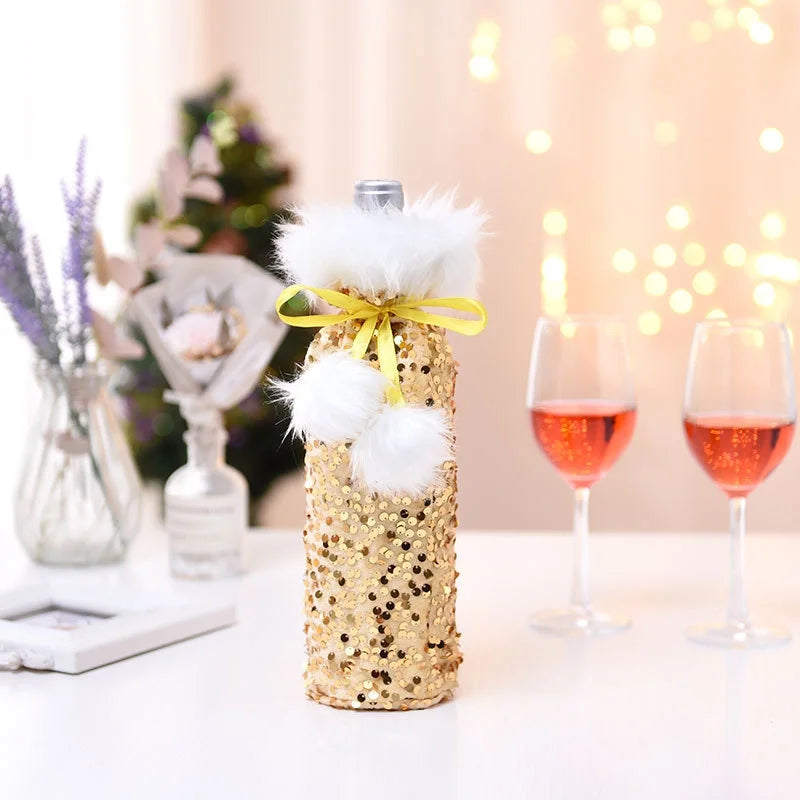 Cross-border New Arrival Christmas Decorations European And American Sequins Bottle Cover Plush Drawstring Wine Gift Box Hotel Dining Table Dress Up