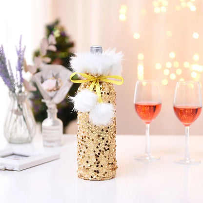 Cross-border New Arrival Christmas Decorations European And American Sequins Bottle Cover Plush Drawstring Wine Gift Box Hotel Dining Table Dress Up